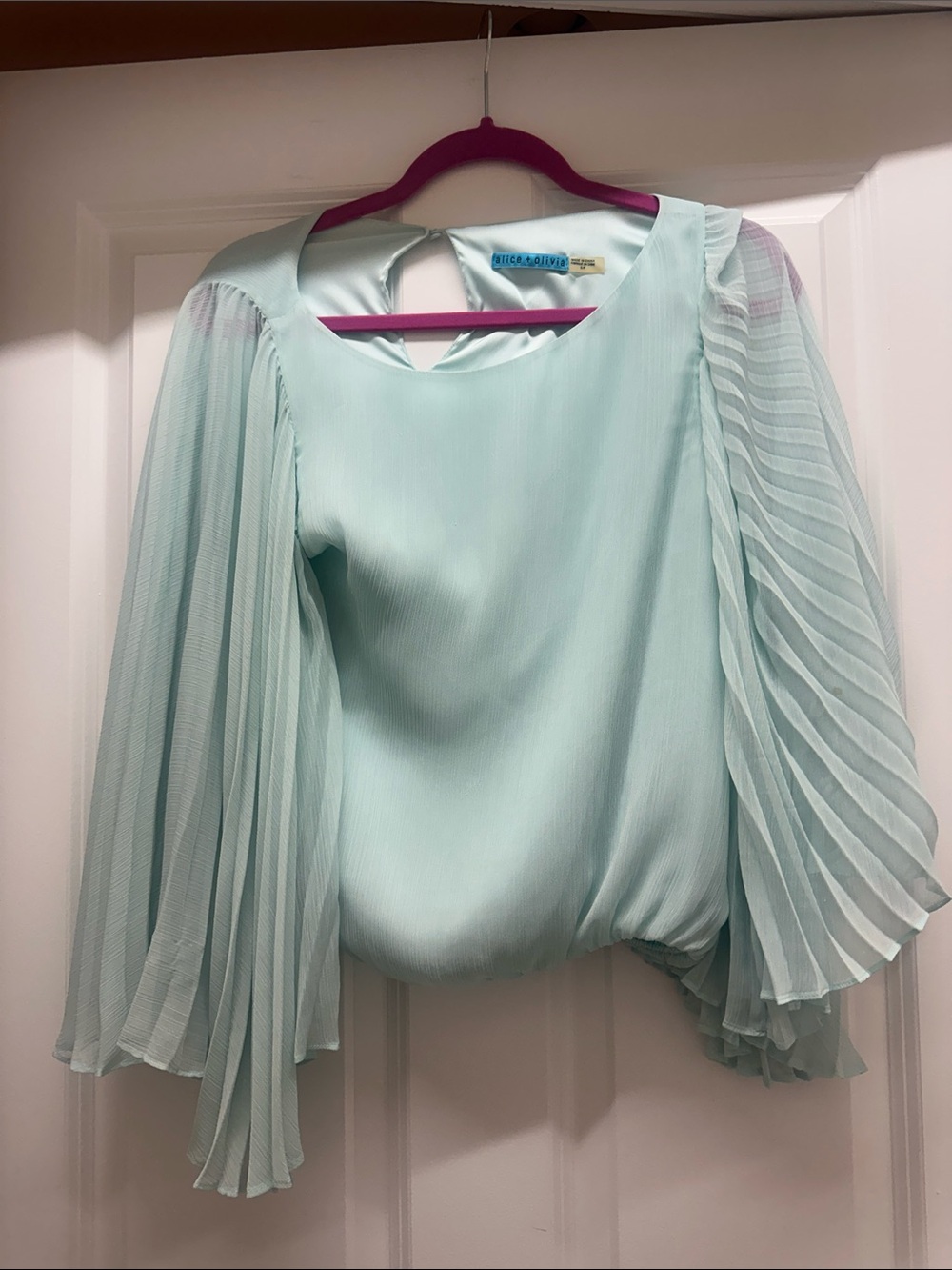 Alice + Olivia Pastel Mint Pleated Bell-Sleeve Blouse